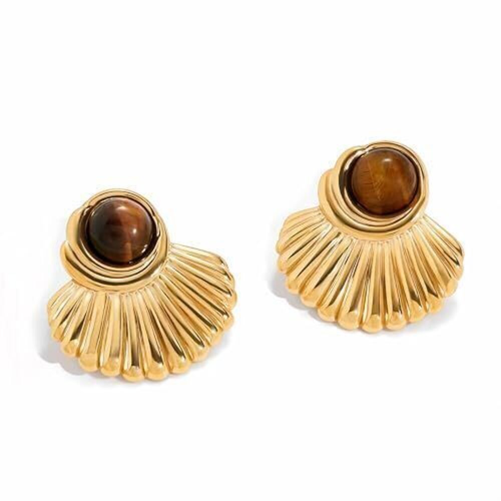 9456 Tiger Eye Earrings  18K Gold Plated Chunky Statement Earrings